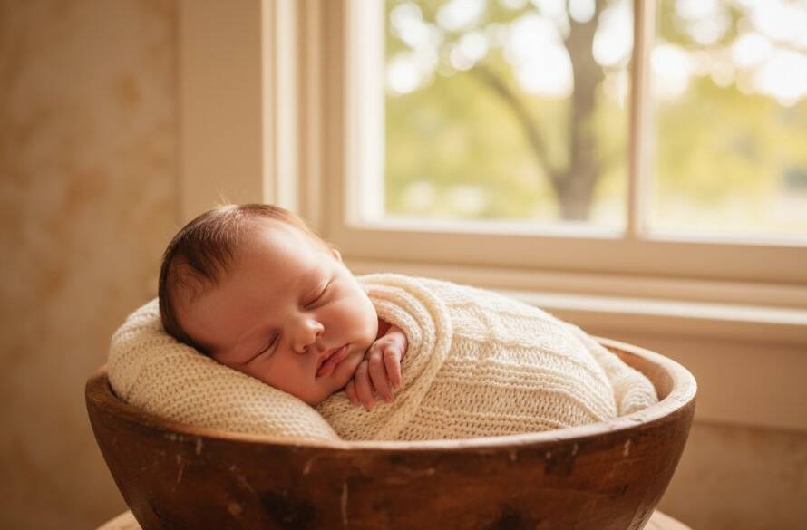 A heartwarming, ethereal close-up of a newborn baby gently swaddled, sleeping peacefully in a soft, sun-drenched nursery in Caulfield, capturing Timeless Newborn Portraits Caulfield Families Cherish with beautiful, cinematic light.