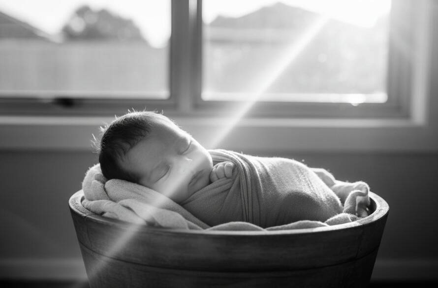 A close-up, dramatic, black and white photograph of a newborn baby's tiny hand gently grasping a parent's finger, bathed in soft, ethereal light filtering through a window in a warm Noble Park home, embodying the tender connection and timeless newborn portraits Noble Park families adore.