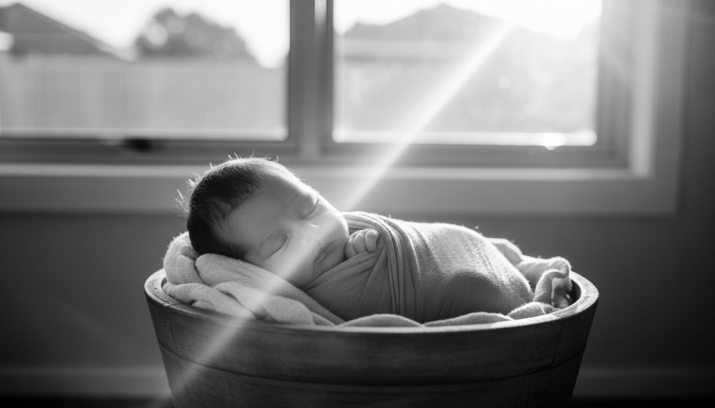 A close-up, dramatic, black and white photograph of a newborn baby's tiny hand gently grasping a parent's finger, bathed in soft, ethereal light filtering through a window in a warm Noble Park home, embodying the tender connection and timeless newborn portraits Noble Park families adore.