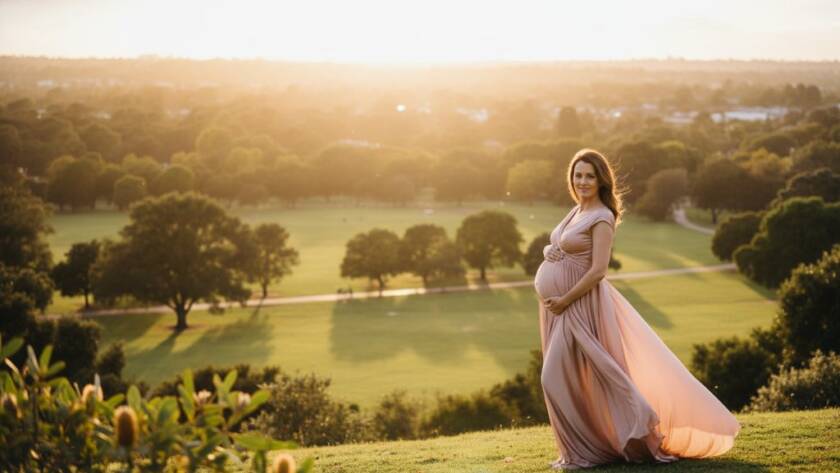 A breathtaking outdoor scene featuring a pregnant woman bathed in golden hour light, celebrating timeless Noble Park maternity photography sun-kissed portraits amidst lush parkland, evoking serene beauty and anticipation.
