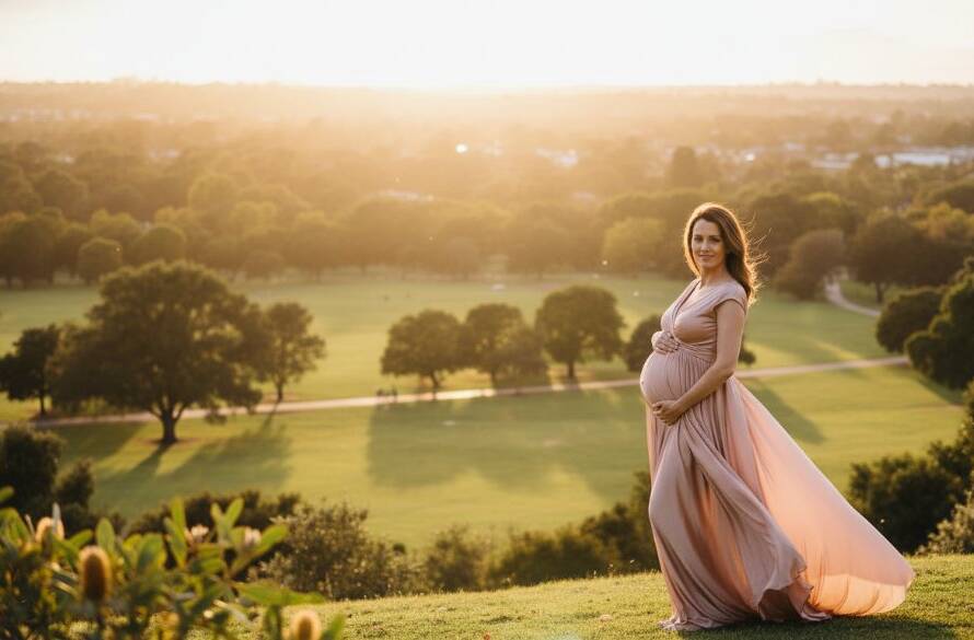 A breathtaking outdoor scene featuring a pregnant woman bathed in golden hour light, celebrating timeless Noble Park maternity photography sun-kissed portraits amidst lush parkland, evoking serene beauty and anticipation.
