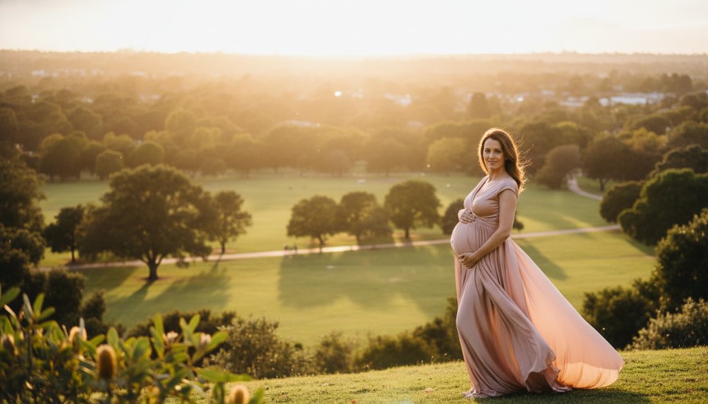 A breathtaking outdoor scene featuring a pregnant woman bathed in golden hour light, celebrating timeless Noble Park maternity photography sun-kissed portraits amidst lush parkland, evoking serene beauty and anticipation.