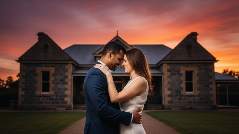 An epic moment of a couple embracing passionately against the historic facade of Point Cook Homestead, bathed in golden hour light, for their timeless Point Cook Homestead pre-wedding photography session.