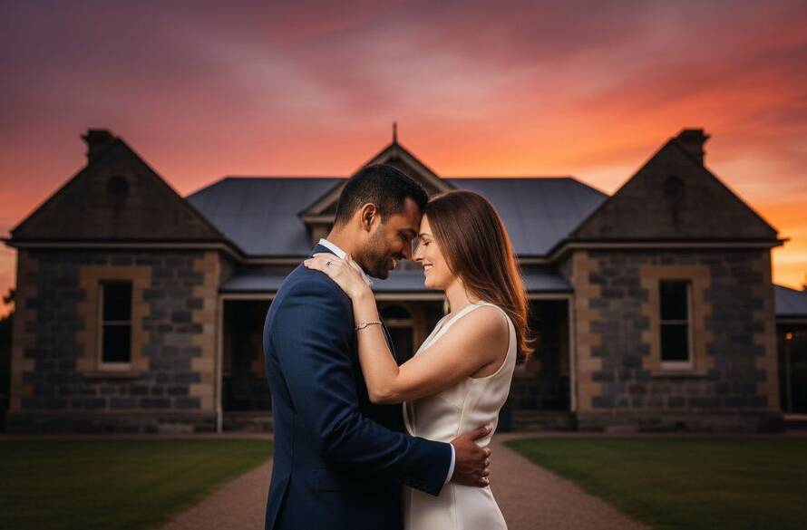 An epic moment of a couple embracing passionately against the historic facade of Point Cook Homestead, bathed in golden hour light, for their timeless Point Cook Homestead pre-wedding photography session.