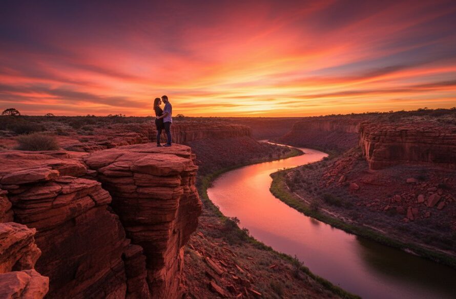 A breathtaking wide-angle, cinematic fine art photograph capturing a couple embracing warmly against the dramatic, fiery orange and purple sunset over the iconic Red Cliffs in Victoria, showcasing a timeless Red Cliffs fine art photography experience. Professional color grading enhances the emotional depth and ethereal glow, with the Murray River gently reflecting the sky.