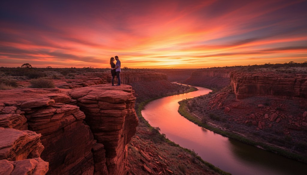 A breathtaking wide-angle, cinematic fine art photograph capturing a couple embracing warmly against the dramatic, fiery orange and purple sunset over the iconic Red Cliffs in Victoria, showcasing a timeless Red Cliffs fine art photography experience. Professional color grading enhances the emotional depth and ethereal glow, with the Murray River gently reflecting the sky.