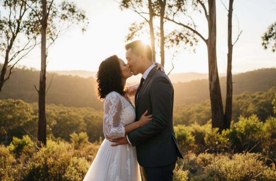 A newlywed couple shares a tender embrace at sunset amidst the natural beauty of Ringwood North, Victoria, showcasing timeless Ringwood North wedding photography storytelling with warm, cinematic lighting.