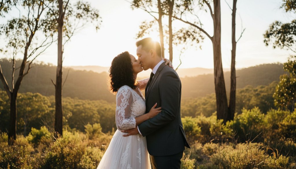 A newlywed couple shares a tender embrace at sunset amidst the natural beauty of Ringwood North, Victoria, showcasing timeless Ringwood North wedding photography storytelling with warm, cinematic lighting.