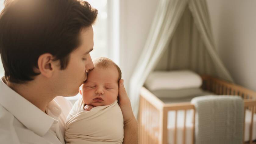 A breathtaking, professional portrait capturing a peaceful newborn baby swaddled in soft white fabric, cradled gently by a parent's hands, bathed in warm, ethereal light within a Sandringham home, epitomizing timeless Sandringham newborn photography.