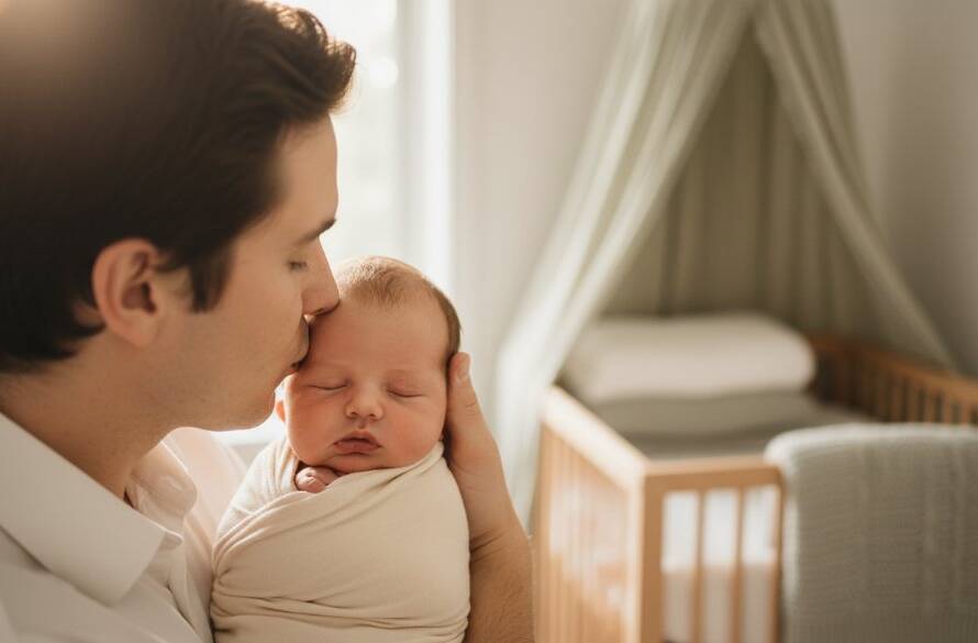 A breathtaking, professional portrait capturing a peaceful newborn baby swaddled in soft white fabric, cradled gently by a parent's hands, bathed in warm, ethereal light within a Sandringham home, epitomizing timeless Sandringham newborn photography.