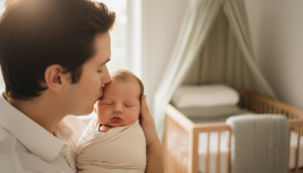 A breathtaking, professional portrait capturing a peaceful newborn baby swaddled in soft white fabric, cradled gently by a parent's hands, bathed in warm, ethereal light within a Sandringham home, epitomizing timeless Sandringham newborn photography.