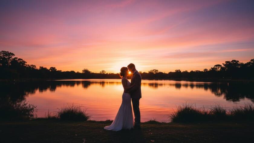 A dramatic wide-angle shot of a newly married couple embracing under a sunset sky at Jells Park, showcasing timeless Scoresby wedding photography capturing genuine moments, with soft, romantic lighting.