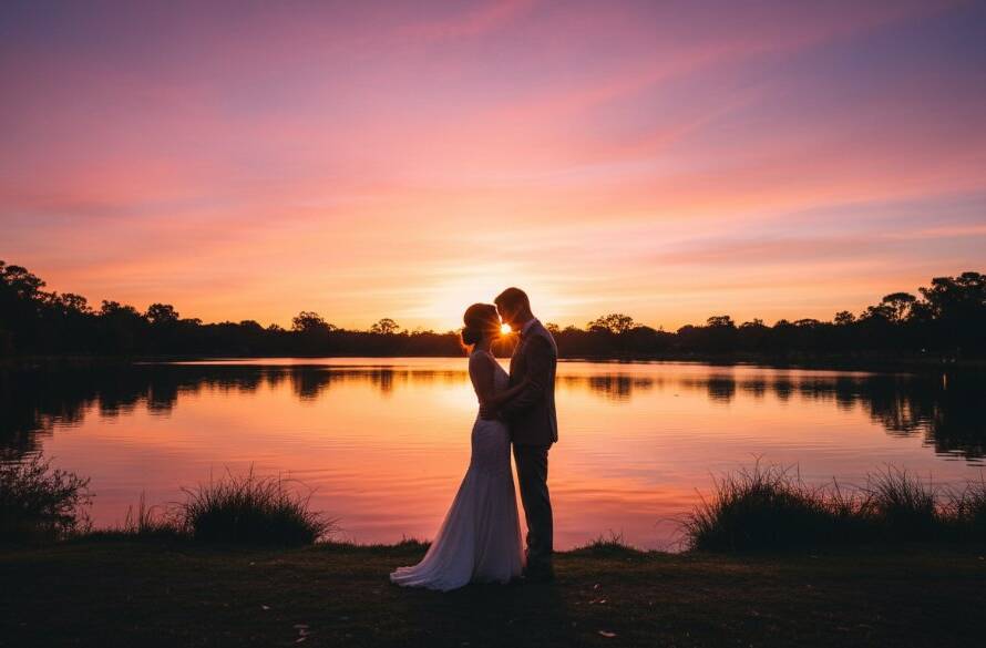 A dramatic wide-angle shot of a newly married couple embracing under a sunset sky at Jells Park, showcasing timeless Scoresby wedding photography capturing genuine moments, with soft, romantic lighting.