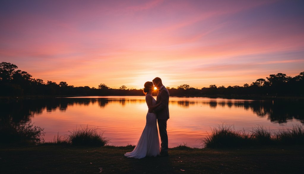 A dramatic wide-angle shot of a newly married couple embracing under a sunset sky at Jells Park, showcasing timeless Scoresby wedding photography capturing genuine moments, with soft, romantic lighting.