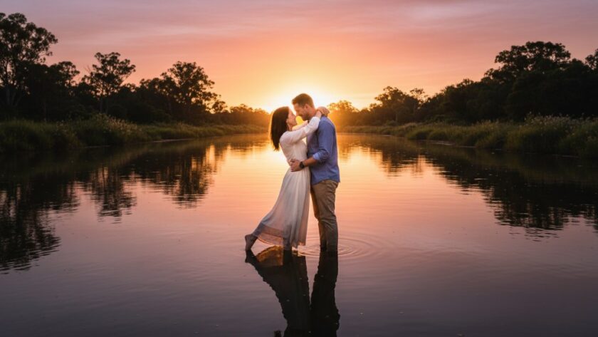 A couple shares a romantic, tender moment at sunset in Shepparton, Victoria, embodying timeless Shepparton engagement photos Victoria. The golden hour light casts long shadows, highlighting their embrace by the tranquil Goulburn River, with lush native Australian trees in the background. The photo captures an 'epic moment' with dramatic lighting and professional color grading, showcasing genuine emotion and connection.