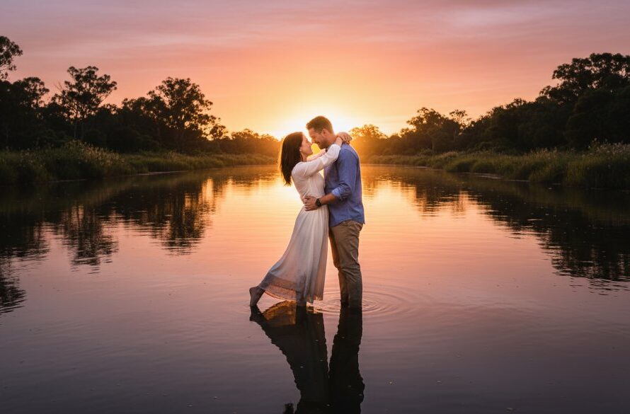 A couple shares a romantic, tender moment at sunset in Shepparton, Victoria, embodying timeless Shepparton engagement photos Victoria. The golden hour light casts long shadows, highlighting their embrace by the tranquil Goulburn River, with lush native Australian trees in the background. The photo captures an 'epic moment' with dramatic lighting and professional color grading, showcasing genuine emotion and connection.