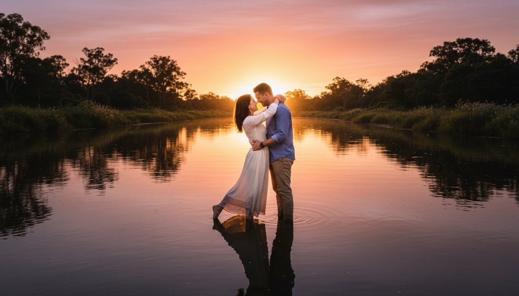 A couple shares a romantic, tender moment at sunset in Shepparton, Victoria, embodying timeless Shepparton engagement photos Victoria. The golden hour light casts long shadows, highlighting their embrace by the tranquil Goulburn River, with lush native Australian trees in the background. The photo captures an 'epic moment' with dramatic lighting and professional color grading, showcasing genuine emotion and connection.