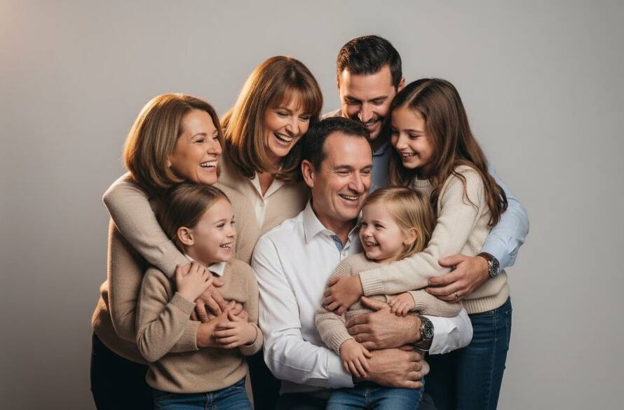 A joyous family, beautifully lit in a modern studio, sharing a tender moment, perfect for timeless studio family photography Burwood East. The professional composition and dramatic lighting capture genuine emotion and connection, with soft backlighting creating a dreamy, ethereal glow around them.
