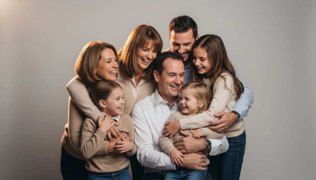 A joyous family, beautifully lit in a modern studio, sharing a tender moment, perfect for timeless studio family photography Burwood East. The professional composition and dramatic lighting capture genuine emotion and connection, with soft backlighting creating a dreamy, ethereal glow around them.