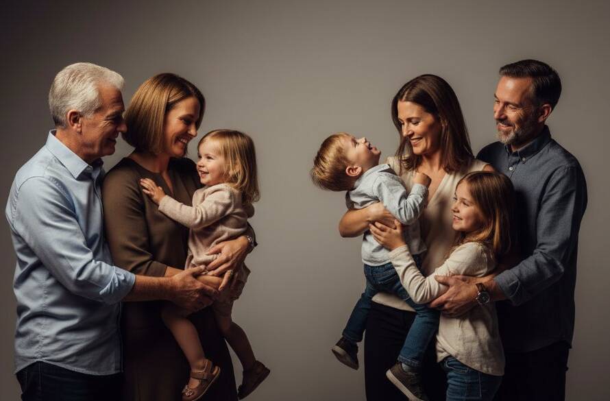 A heartwarming, professionally lit 'epic moment' of a multi-generational family in a modern studio, showcasing their joyful connection for timeless studio family photography Templestowe Lower. Dramatic lighting and soft focus highlight their genuine expressions and loving bond.