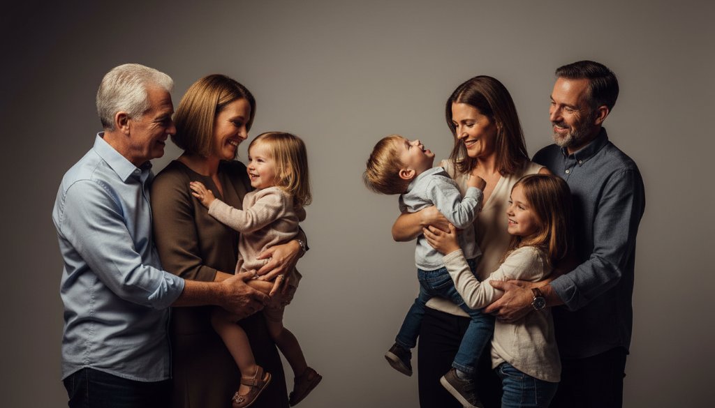 A heartwarming, professionally lit 'epic moment' of a multi-generational family in a modern studio, showcasing their joyful connection for timeless studio family photography Templestowe Lower. Dramatic lighting and soft focus highlight their genuine expressions and loving bond.