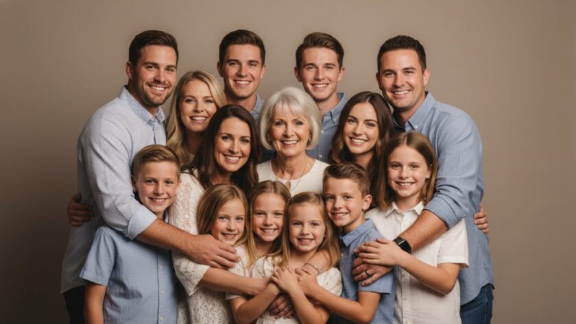 A heartwarming, professionally lit 'Timeless Studio Family Portraits Kialla Victoria' capturing a multi-generational family's joyful embrace in a minimalist studio setting, showcasing their deep connection with dramatic, soft light and rich colours.