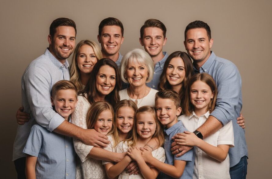 A heartwarming, professionally lit 'Timeless Studio Family Portraits Kialla Victoria' capturing a multi-generational family's joyful embrace in a minimalist studio setting, showcasing their deep connection with dramatic, soft light and rich colours.
