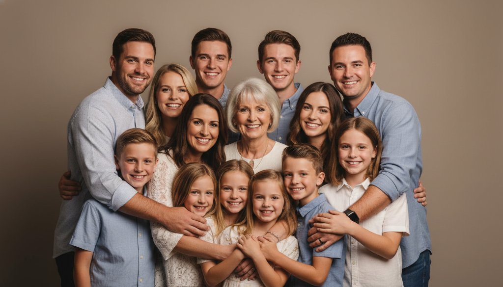 A heartwarming, professionally lit 'Timeless Studio Family Portraits Kialla Victoria' capturing a multi-generational family's joyful embrace in a minimalist studio setting, showcasing their deep connection with dramatic, soft light and rich colours.