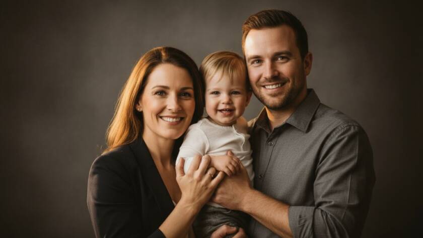 An intimate, emotionally resonant portrait of a smiling Newport family in a professional studio setting, bathed in warm, soft light, embodying timeless studio photography for Newport families. The parents hold their young child, all looking joyfully at the camera.