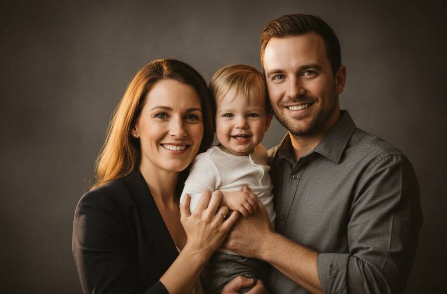 An intimate, emotionally resonant portrait of a smiling Newport family in a professional studio setting, bathed in warm, soft light, embodying timeless studio photography for Newport families. The parents hold their young child, all looking joyfully at the camera.