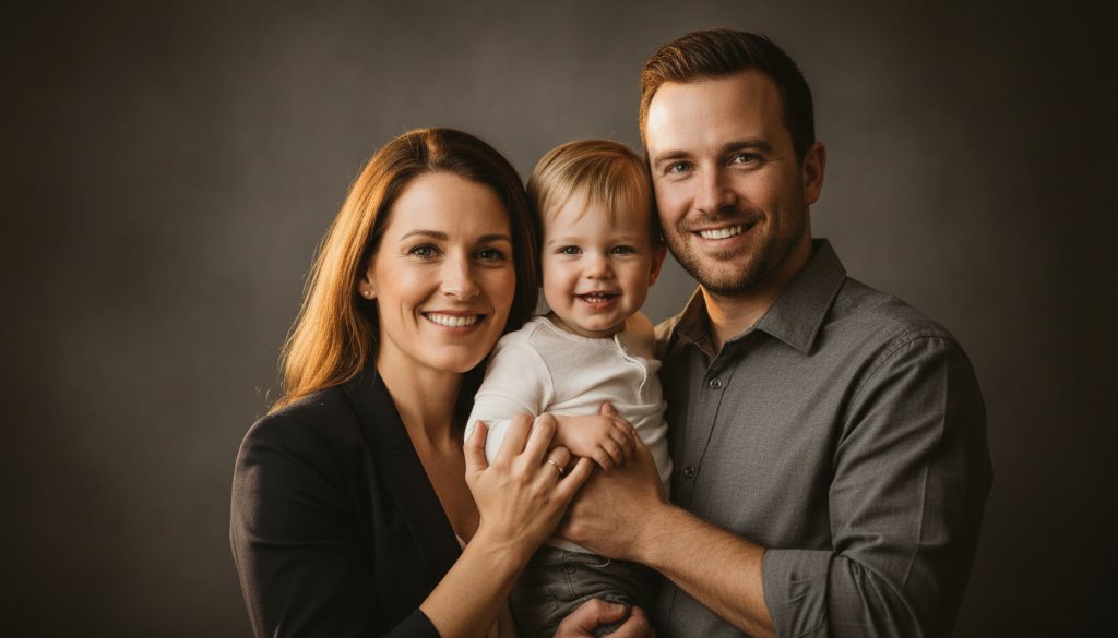 An intimate, emotionally resonant portrait of a smiling Newport family in a professional studio setting, bathed in warm, soft light, embodying timeless studio photography for Newport families. The parents hold their young child, all looking joyfully at the camera.