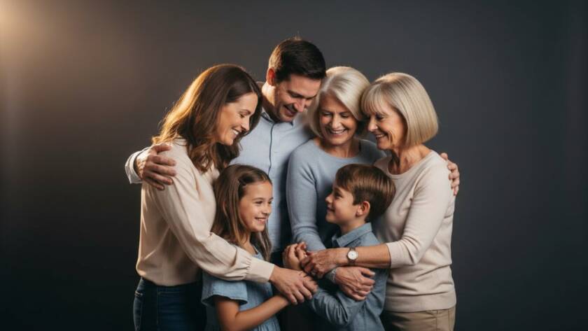 An epic, emotionally rich studio portrait in Point Cook, capturing a multi-generational family in a tender embrace. Soft, dramatic backlighting illuminates their faces, highlighting genuine smiles and connection. The professional colour grading enhances the warmth and intimacy, perfectly illustrating timeless studio photography Point Cook capturing family bonds, a cherished memory frozen in time.