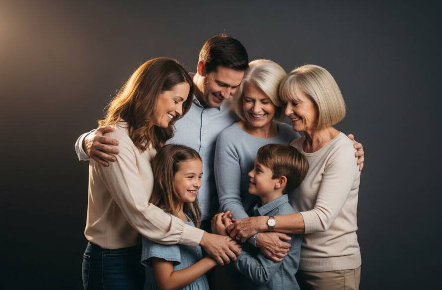An epic, emotionally rich studio portrait in Point Cook, capturing a multi-generational family in a tender embrace. Soft, dramatic backlighting illuminates their faces, highlighting genuine smiles and connection. The professional colour grading enhances the warmth and intimacy, perfectly illustrating timeless studio photography Point Cook capturing family bonds, a cherished memory frozen in time.