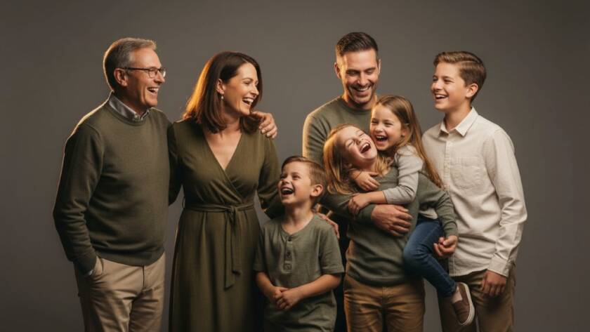 A heartwarming, professionally lit studio portrait of a multigenerational Wantirna South family sharing a joyful laugh, capturing an authentic, timeless studio photography moment with dramatic, soft key lighting and subtle backlighting, showcasing genuine connection and love.