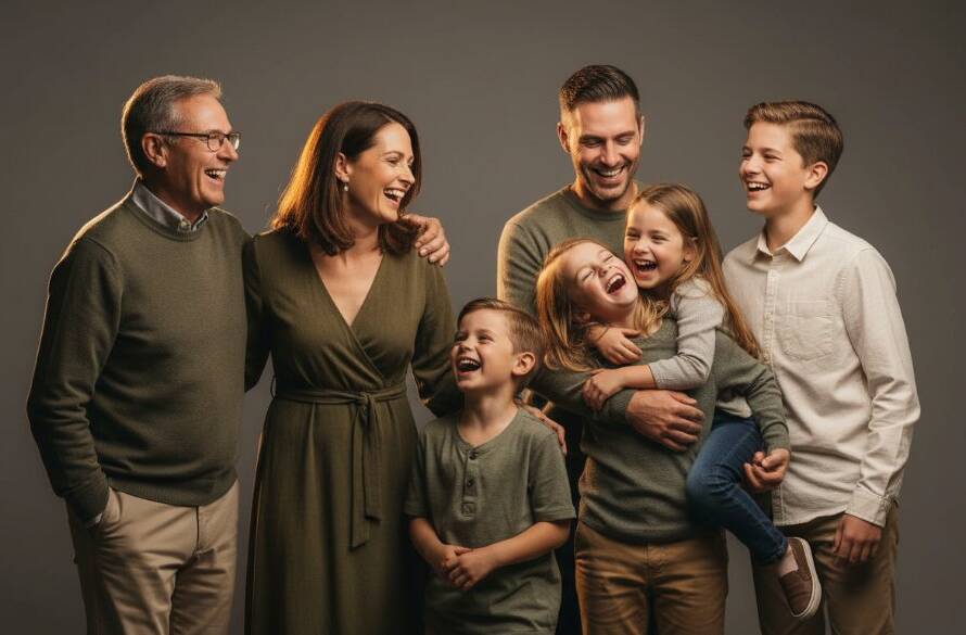 A heartwarming, professionally lit studio portrait of a multigenerational Wantirna South family sharing a joyful laugh, capturing an authentic, timeless studio photography moment with dramatic, soft key lighting and subtle backlighting, showcasing genuine connection and love.
