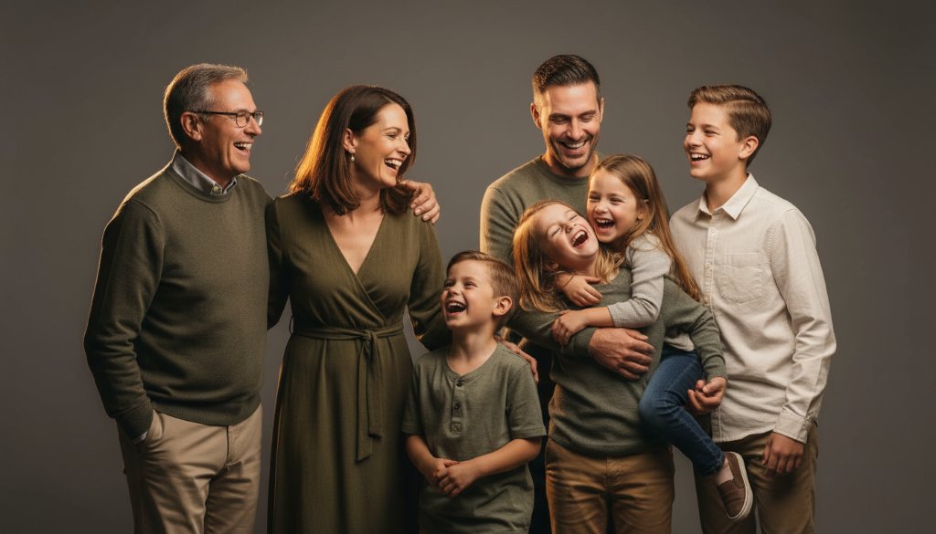 A heartwarming, professionally lit studio portrait of a multigenerational Wantirna South family sharing a joyful laugh, capturing an authentic, timeless studio photography moment with dramatic, soft key lighting and subtle backlighting, showcasing genuine connection and love.