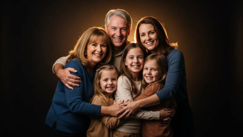A heartwarming, epic moment captured: a multigenerational Donvale family laughing joyfully during their timeless studio portrait photography Donvale families VIC session, with dramatic, warm backlighting highlighting their expressions, creating a cinematic, professional photograph.