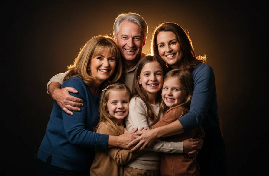 A heartwarming, epic moment captured: a multigenerational Donvale family laughing joyfully during their timeless studio portrait photography Donvale families VIC session, with dramatic, warm backlighting highlighting their expressions, creating a cinematic, professional photograph.