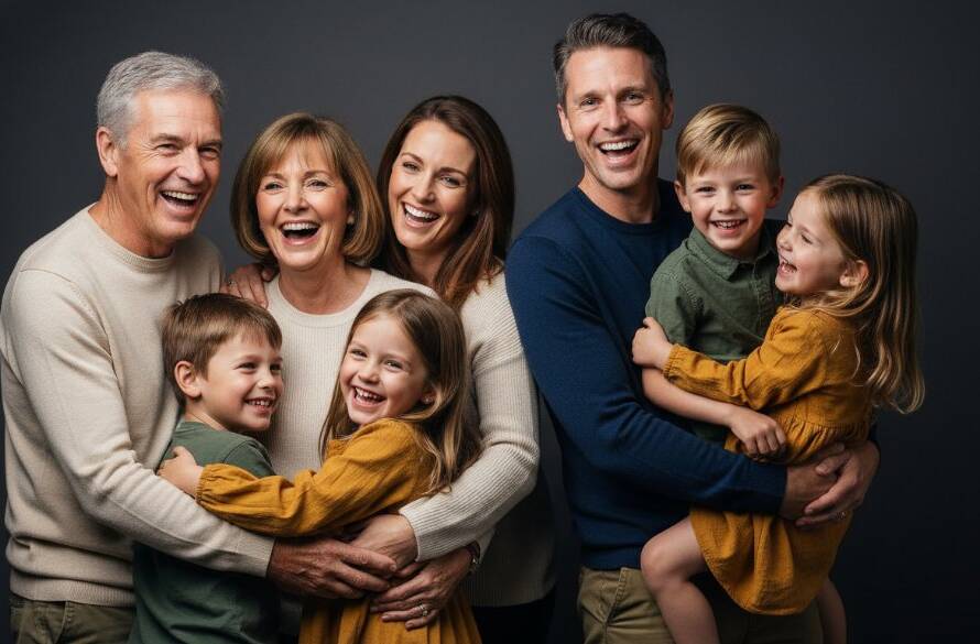 Dramatic black and white studio portrait showcasing the timeless studio portrait photography Heatherdale Victoria experience, with a family laughing genuinely, perfectly lit against a dark background, capturing a beautiful, unscripted epic moment.