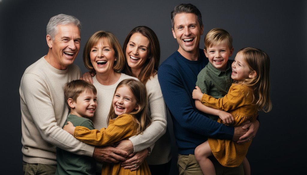 Dramatic black and white studio portrait showcasing the timeless studio portrait photography Heatherdale Victoria experience, with a family laughing genuinely, perfectly lit against a dark background, capturing a beautiful, unscripted epic moment.