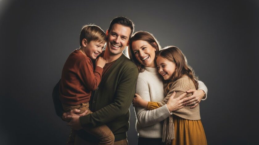 A stunning, cinematic photograph capturing a family's joyous connection during timeless studio portrait photography Marong Victoria, with dramatic rim lighting and warm tones.