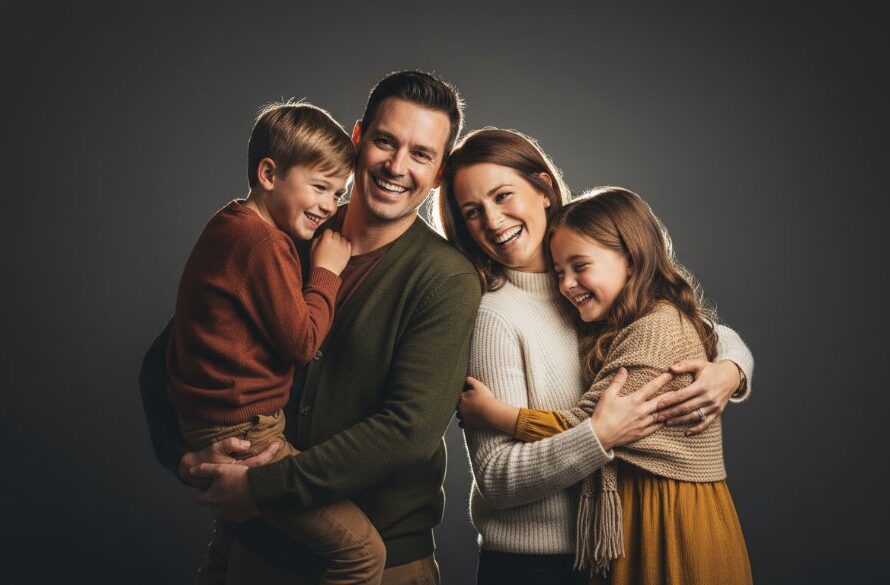A stunning, cinematic photograph capturing a family's joyous connection during timeless studio portrait photography Marong Victoria, with dramatic rim lighting and warm tones.