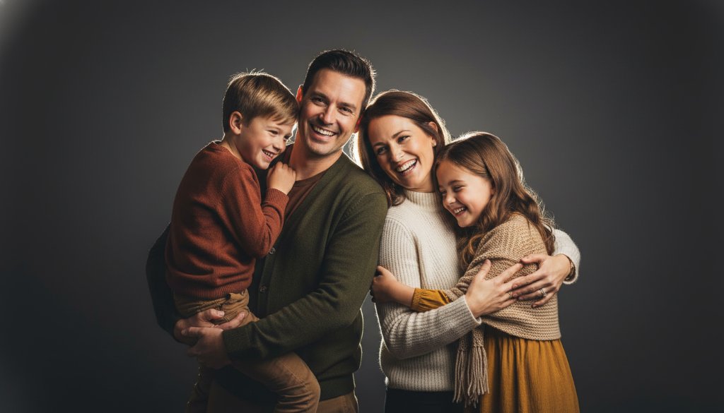 A stunning, cinematic photograph capturing a family's joyous connection during timeless studio portrait photography Marong Victoria, with dramatic rim lighting and warm tones.