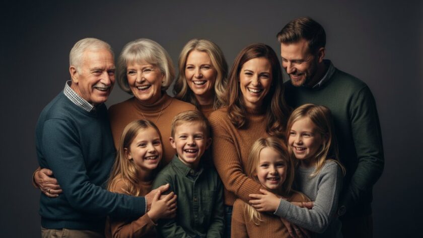 A dramatic, low-key photograph capturing a multigenerational Mildura family laughing joyfully during their timeless studio portrait photography session, creating cherished family memories with a warm, intimate glow and subtle motion blur.