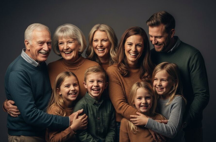 A dramatic, low-key photograph capturing a multigenerational Mildura family laughing joyfully during their timeless studio portrait photography session, creating cherished family memories with a warm, intimate glow and subtle motion blur.