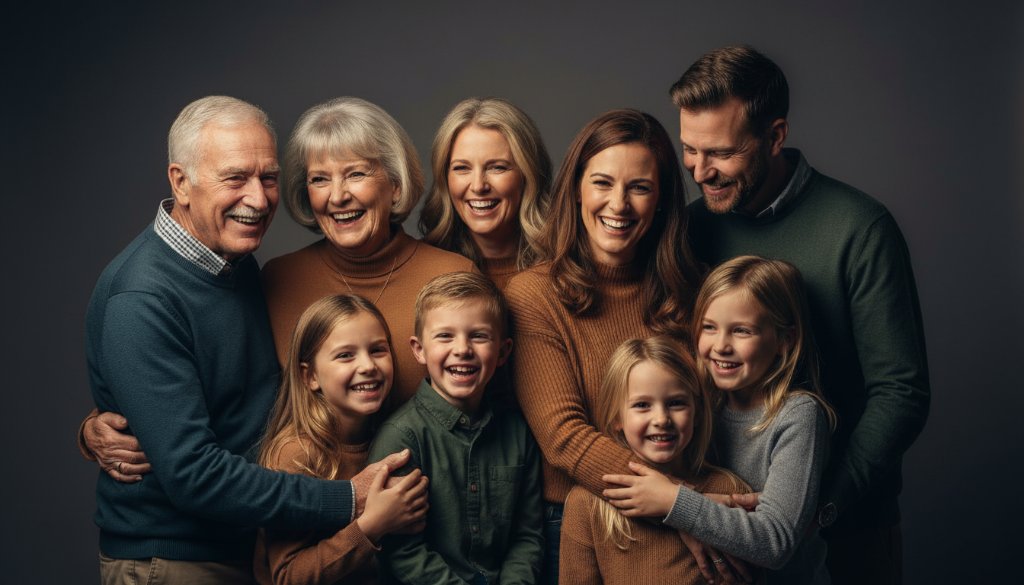A dramatic, low-key photograph capturing a multigenerational Mildura family laughing joyfully during their timeless studio portrait photography session, creating cherished family memories with a warm, intimate glow and subtle motion blur.