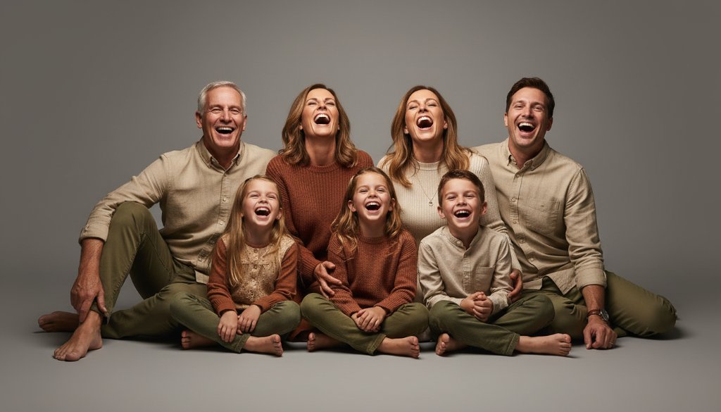 An emotionally resonant, wide shot capturing a multigenerational Templestowe family laughing joyfully in a beautifully lit studio, highlighting the genuine connections and timeless studio portrait photography Templestowe families cherish, with soft, professional lighting and warm tones.