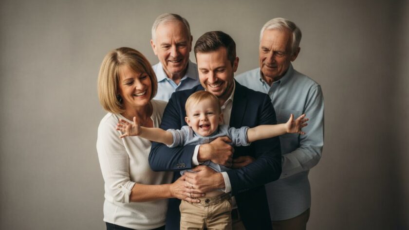 An emotionally resonant, professional photograph showcasing Timeless Studio Portraits Canadian Victoria, featuring a multi-generational Australian family laughing joyously in a beautifully lit studio, capturing an authentic, epic moment with dramatic lighting and warm tones.