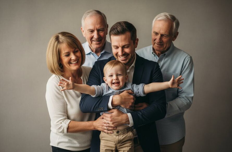 An emotionally resonant, professional photograph showcasing Timeless Studio Portraits Canadian Victoria, featuring a multi-generational Australian family laughing joyously in a beautifully lit studio, capturing an authentic, epic moment with dramatic lighting and warm tones.