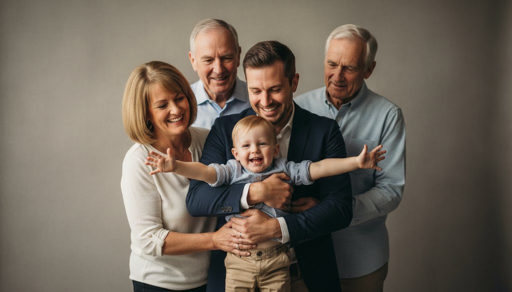An emotionally resonant, professional photograph showcasing Timeless Studio Portraits Canadian Victoria, featuring a multi-generational Australian family laughing joyously in a beautifully lit studio, capturing an authentic, epic moment with dramatic lighting and warm tones.